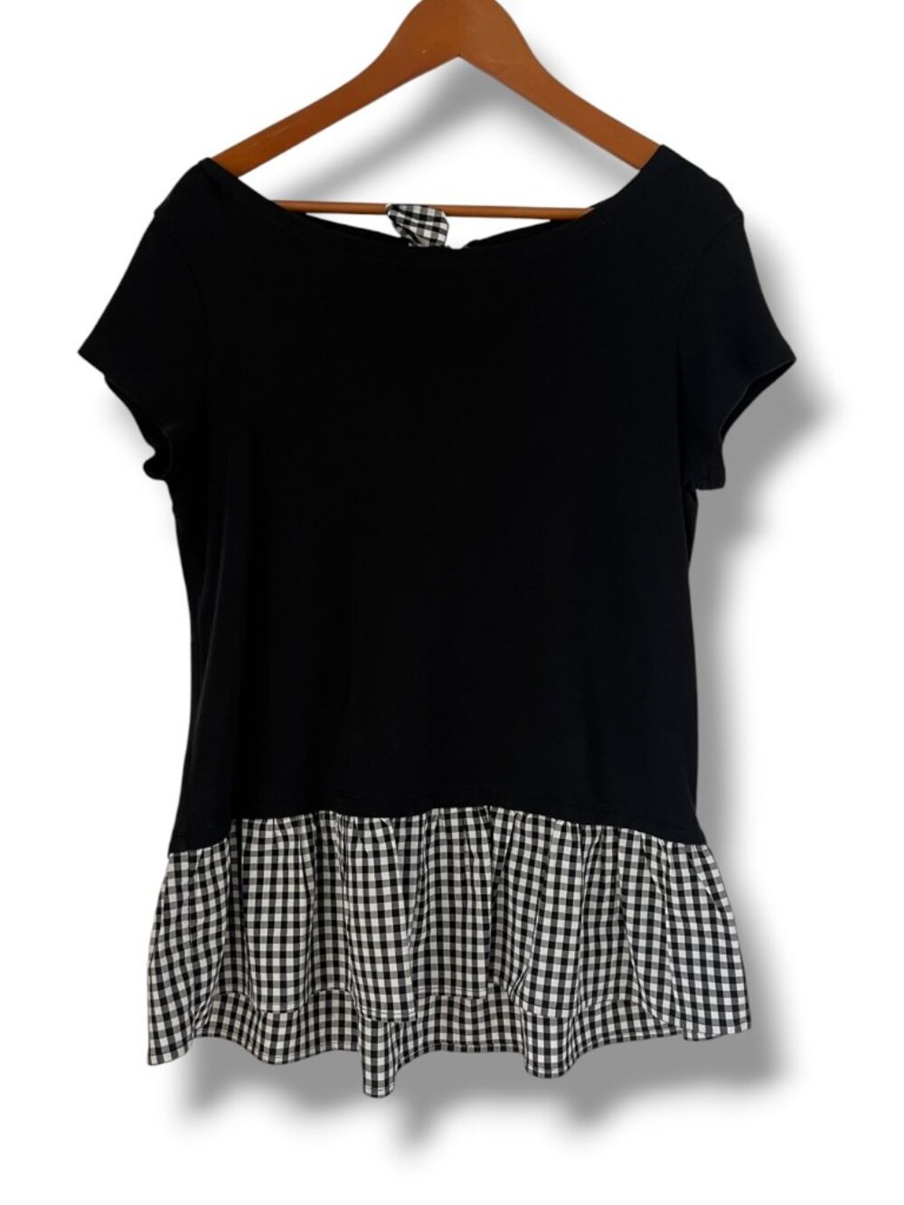 Halogen Women's Black Plaid Gingham Ruffle Peplum Hem Back Bow Top Shirt Medium